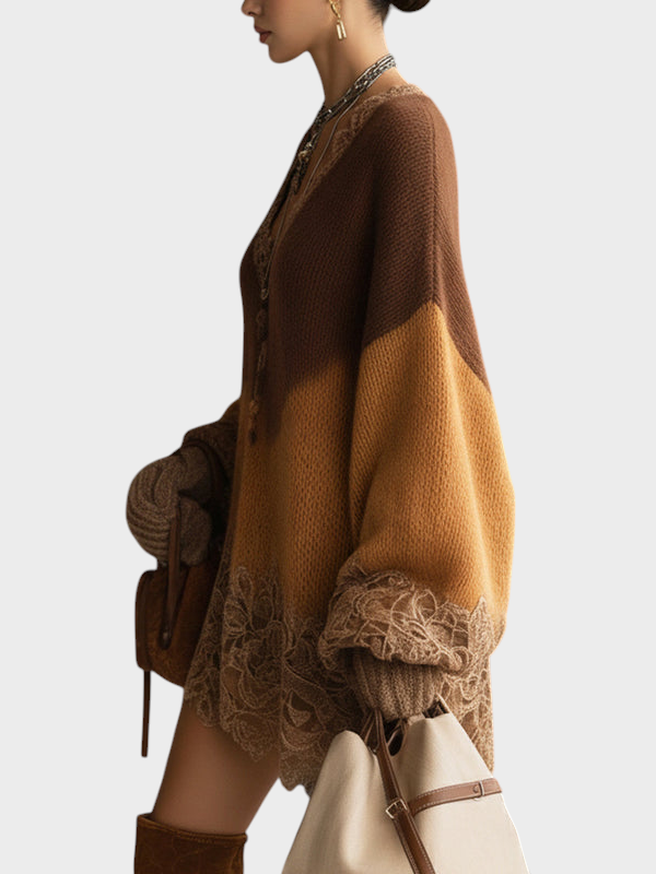 Mille | Brown Ombre Knitted Lace Oversized Mini Dress With Long Sleeves