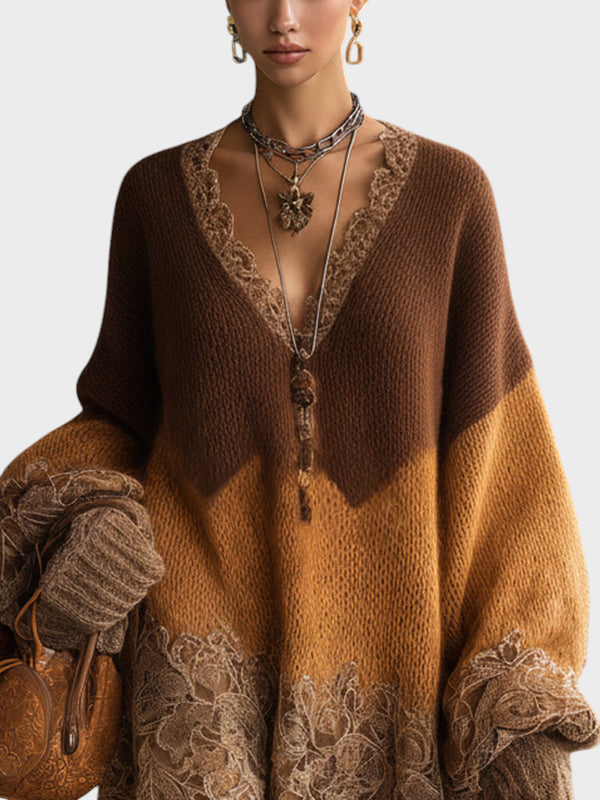 Mille | Brown Ombre Knitted Lace Oversized Mini Dress With Long Sleeves