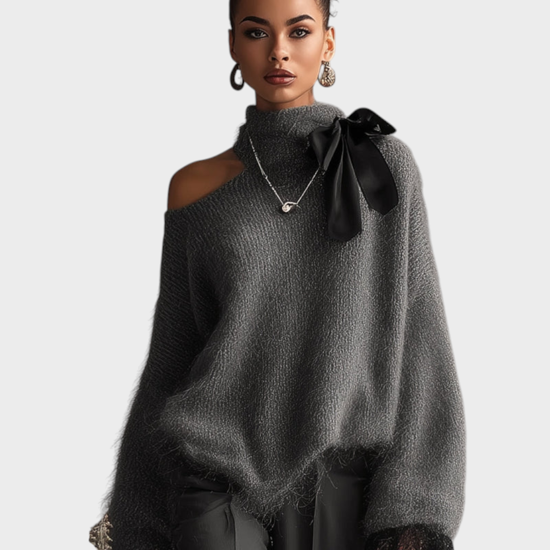 Loisa | Gray Knitted Mohair Sweater With Lace Sleeves