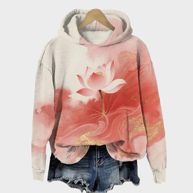 Nightingale | Women's Hoodie, Watercolor Gradient Lotus Print and Gold Details