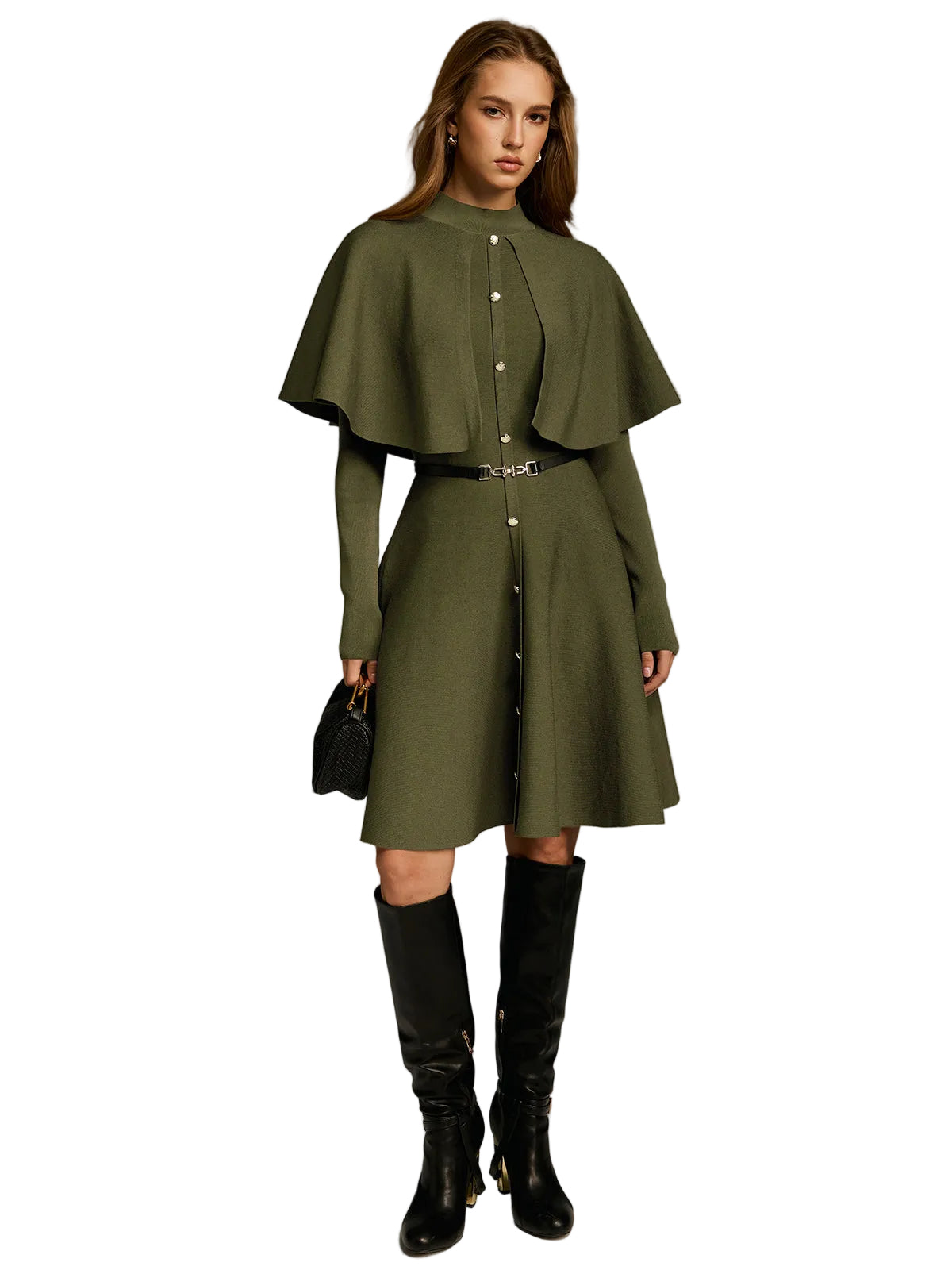 Coleen | Capelet-Style Button-Front Belted Midi Dress