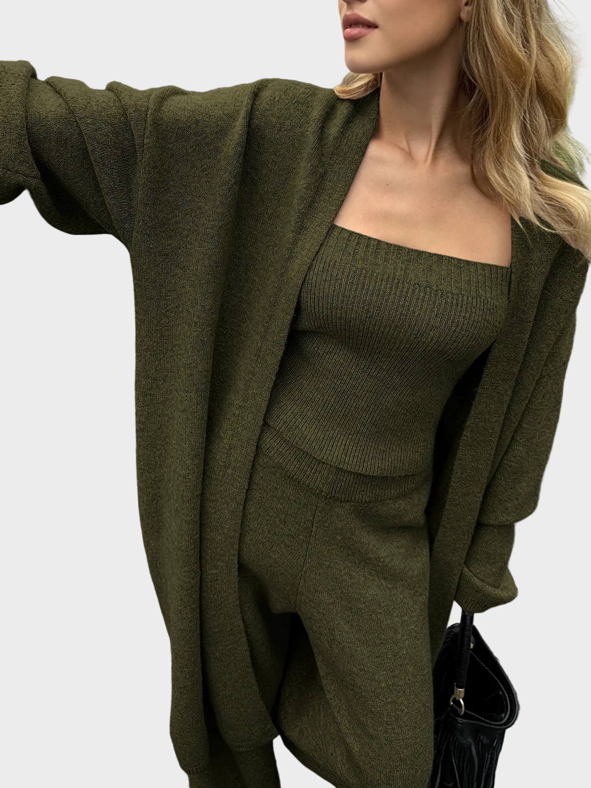 Three-Piece Knit Bustier Cardigan Pants Set