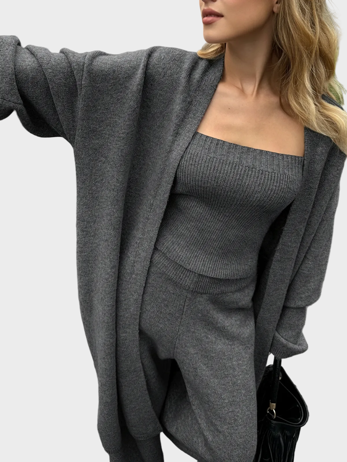 Three-Piece Knit Bustier Cardigan Pants Set