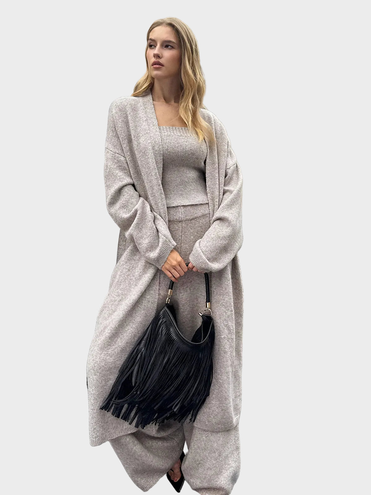 Three-Piece Knit Bustier Cardigan Pants Set