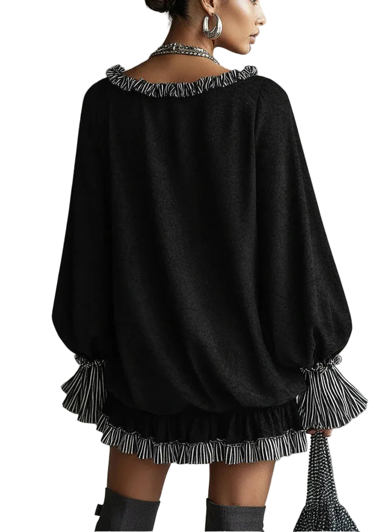 Bella - Black Faux Suede Striped Ruffled Loose Mini Dress