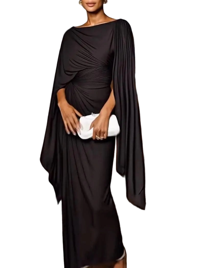 Helga - Elegant Draped Cape Sleeves Maxi Dress