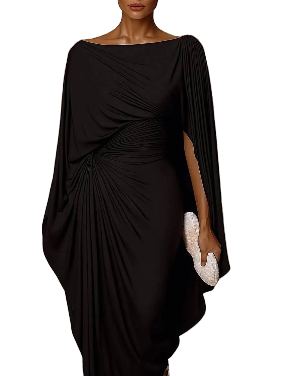 Helga - Elegant Draped Cape Sleeves Maxi Dress