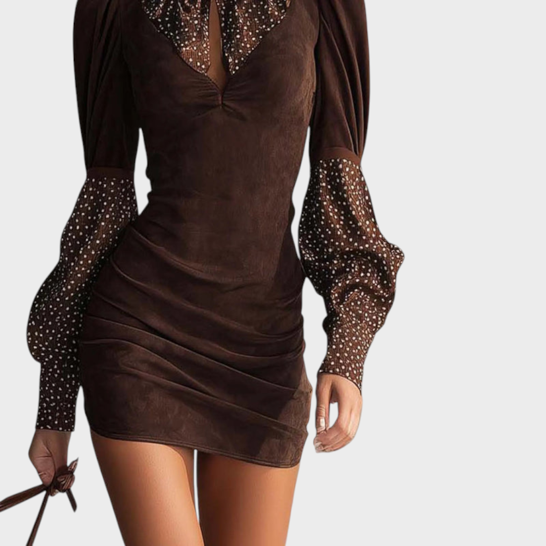 Laira |BROWN FAUX SUEDE BODYCON DRESS WITH SATIN POLKA DOTS