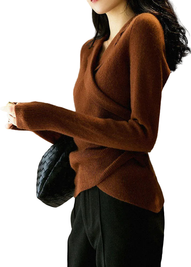 Sally | Chic Caramel Peter Pan Collar asymmetrical design slim fit Fall Sweater