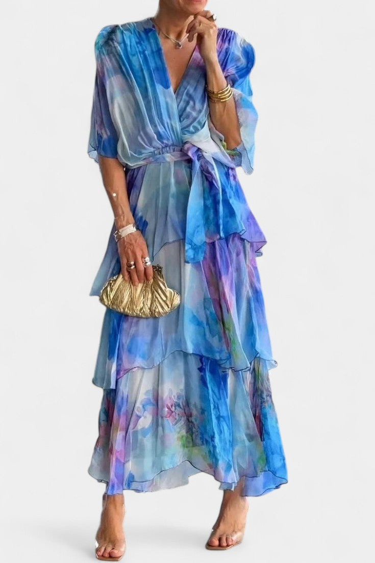 Carol Maxi Floral Dress in Watercolor Style