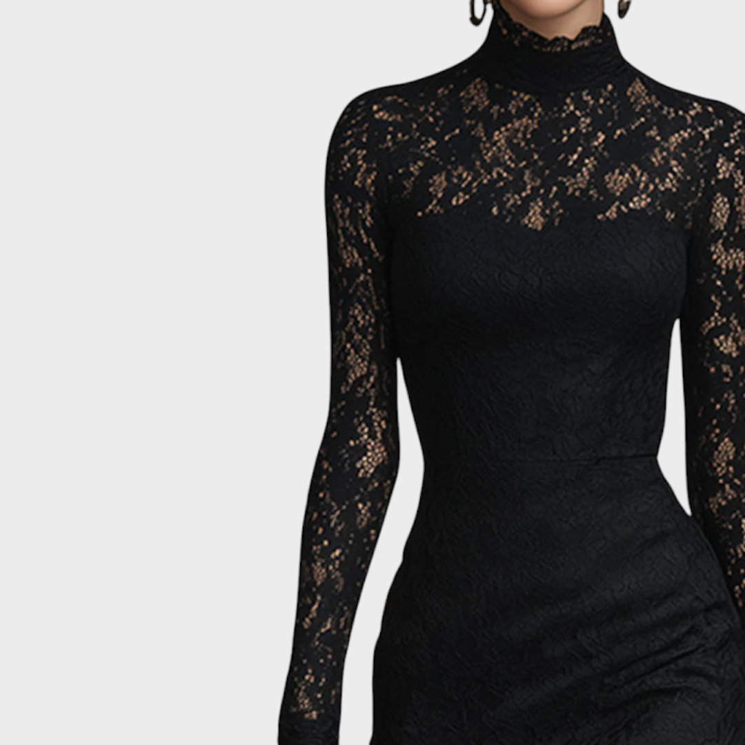 Fern | Elegant Black Stretch Lace Fishtail Maxi Dress
