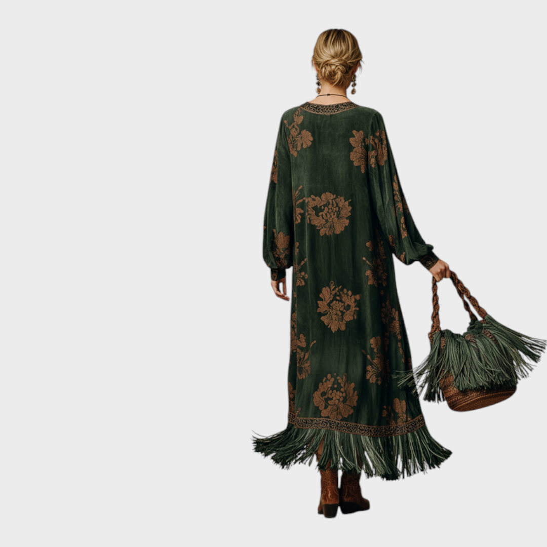 Makayla | Retro Silhouette Printed Green Faux Suede Maxi Dress