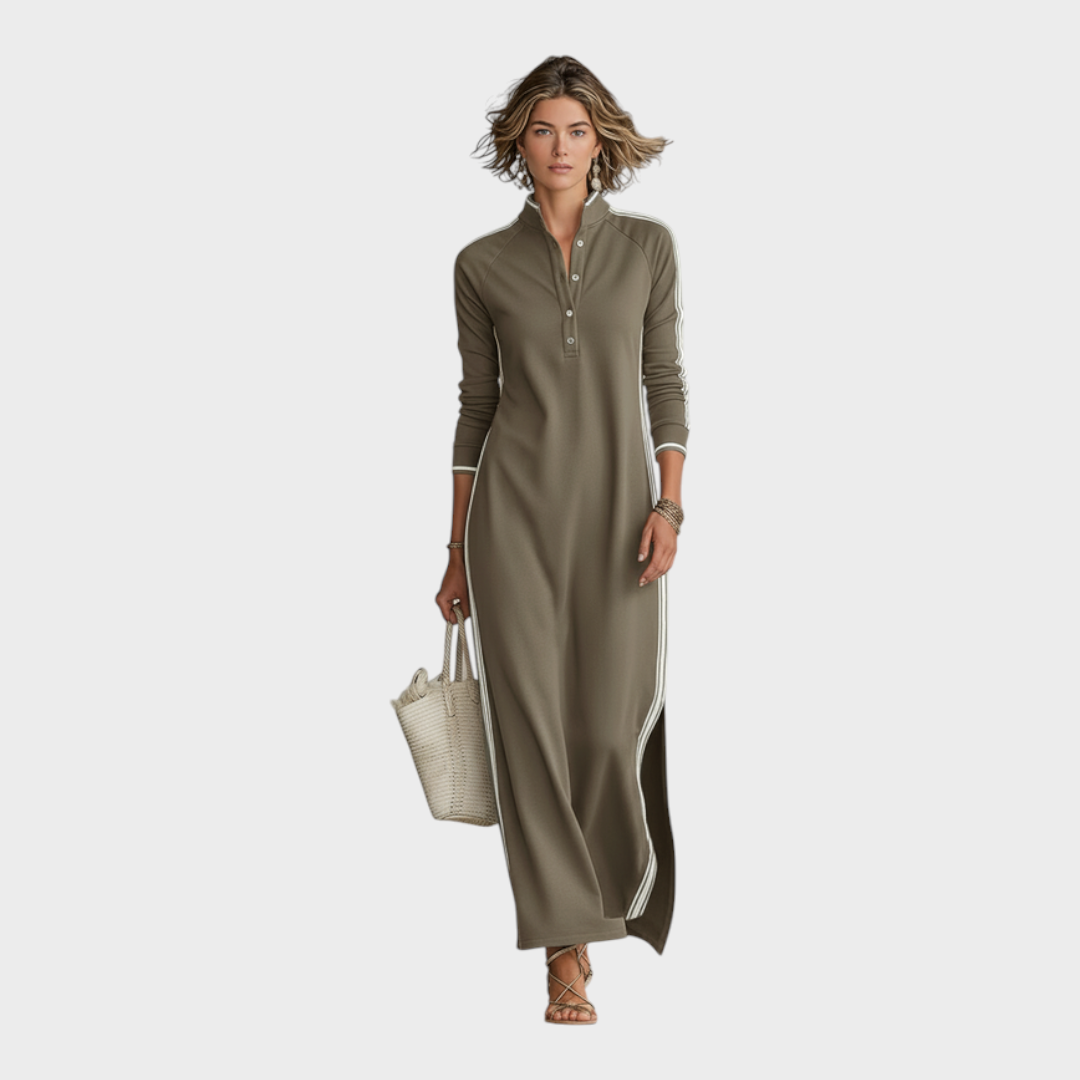 Jenalie | Women's Minimalist White-trimmed Button-down Collar Sweatshirt Dress Maxi Dress MDA0958L0Y