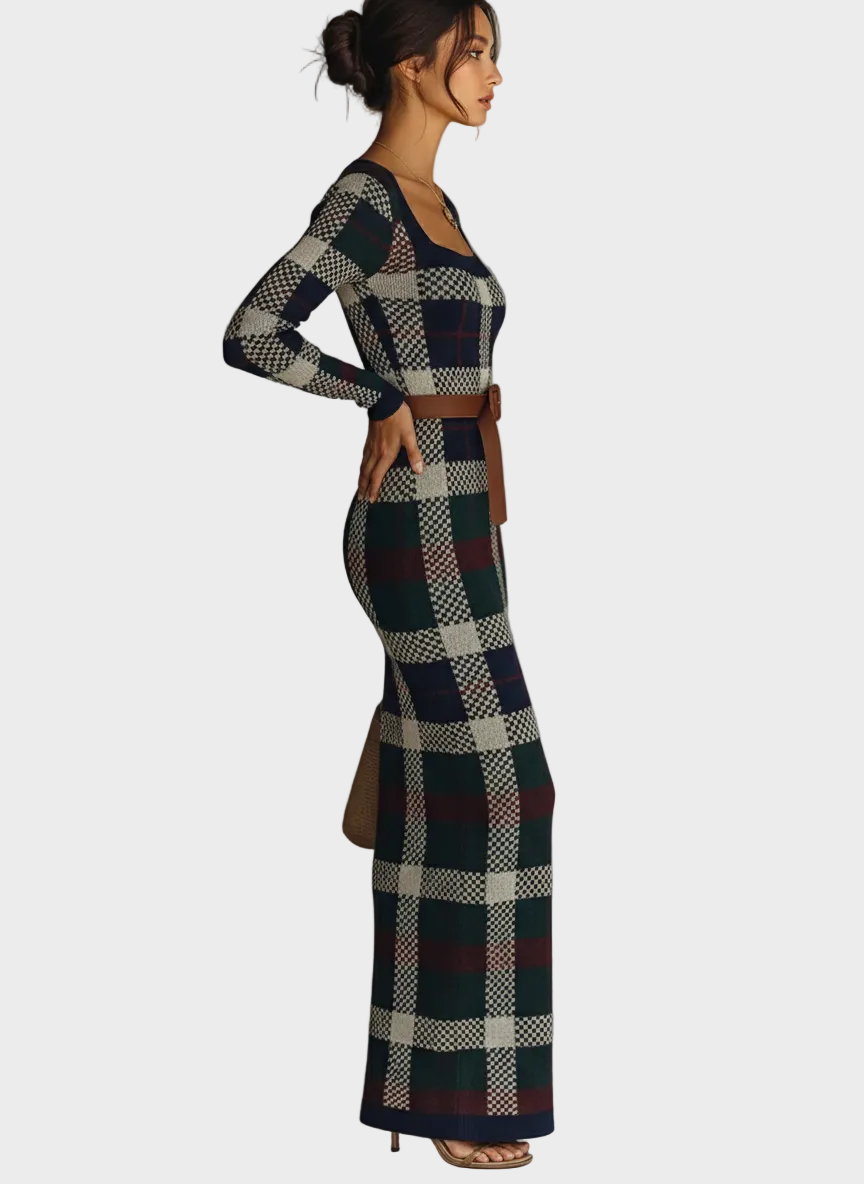 Minnie | Women's Minimalist Check Knit Belted Square Neck Maxi Dress