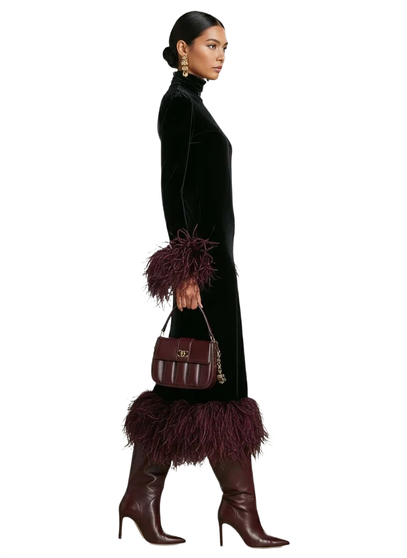 Anna - Women's Minimalist Velvet Patchwork Faux Ostrich Feather Cuffs And Hem Maxi Dress