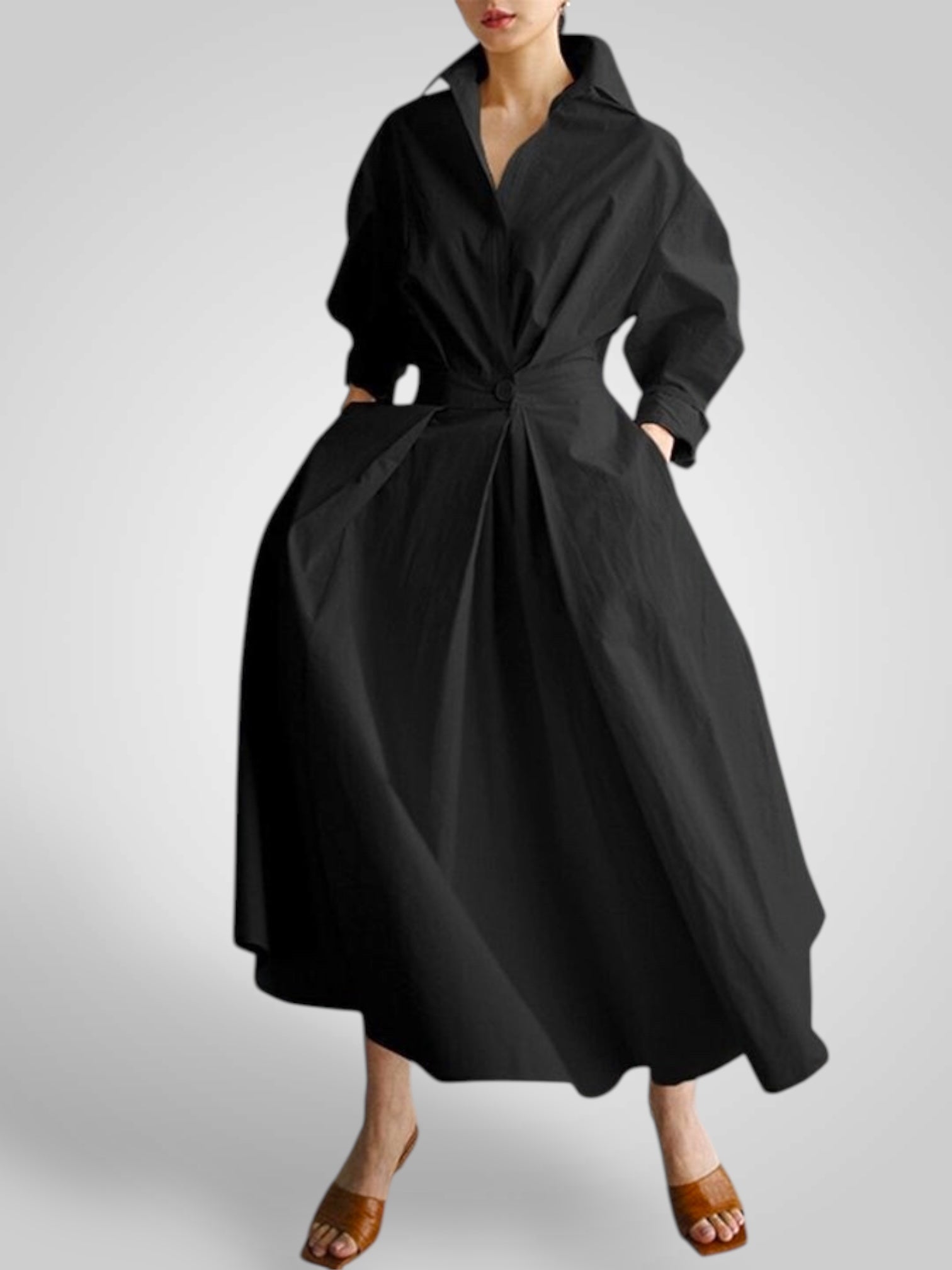 Ella | Dámské maxi šaty s kapsami, knoflíky a dlouhým rukávem