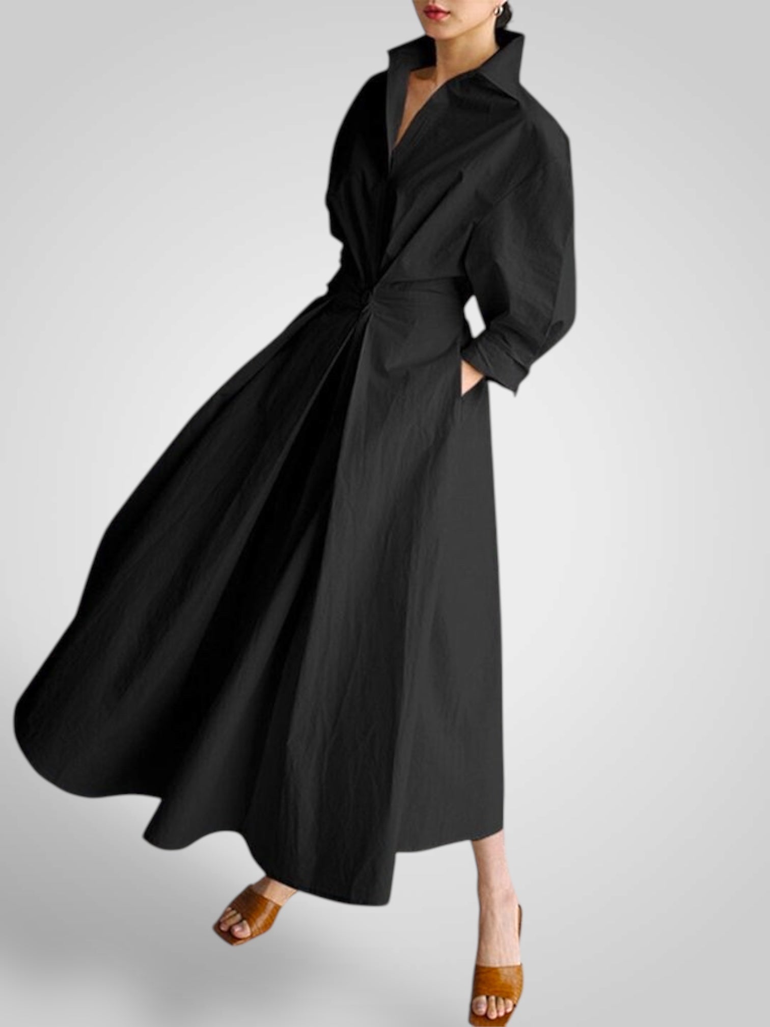 Ella | Dámské maxi šaty s kapsami, knoflíky a dlouhým rukávem