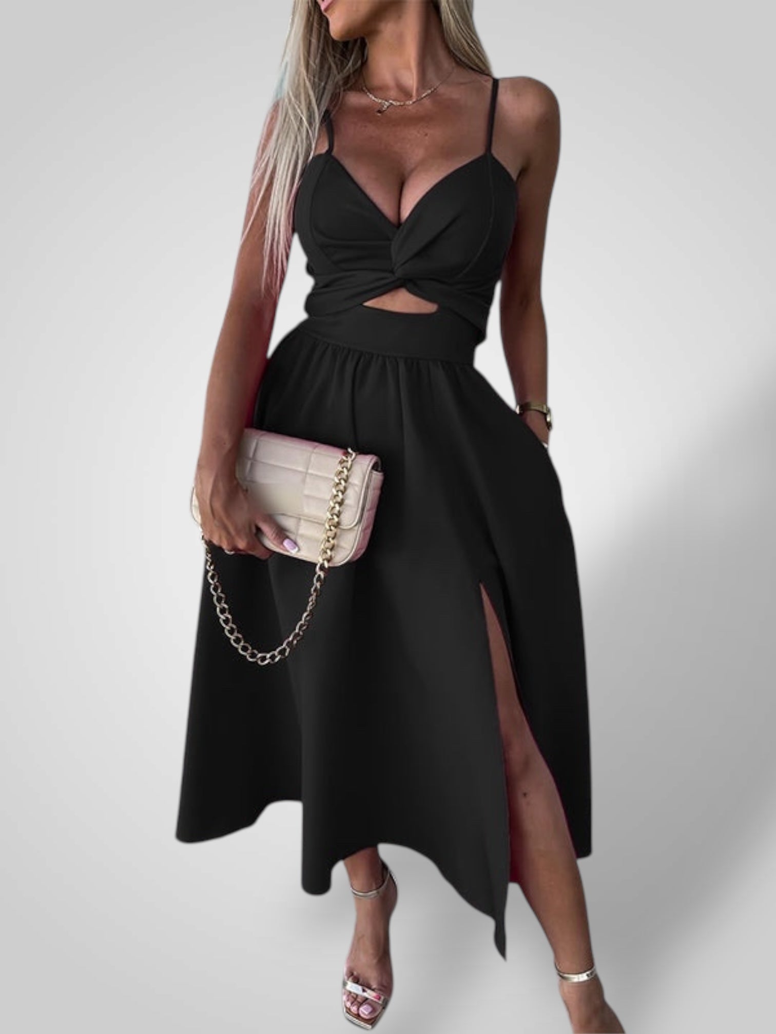 Evi | Dámské šaty s tenkými ramínky a vysokým rozparkem