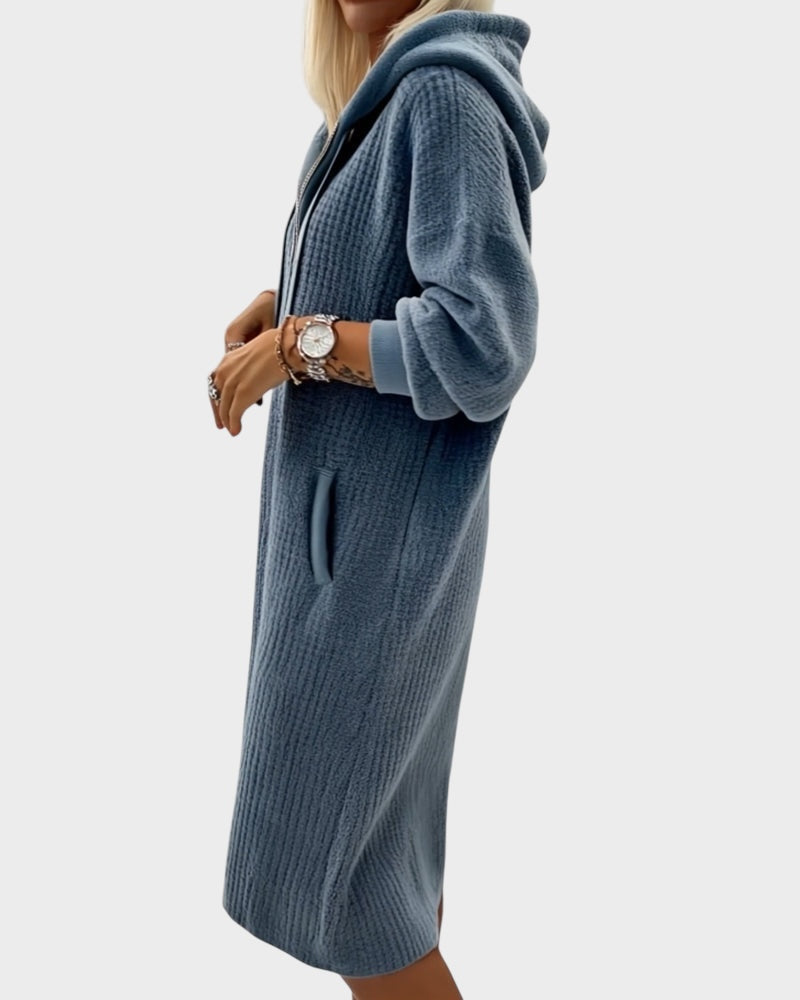 Ležérní pletené mikinové šaty s kapucí a vzorem včelí plástve