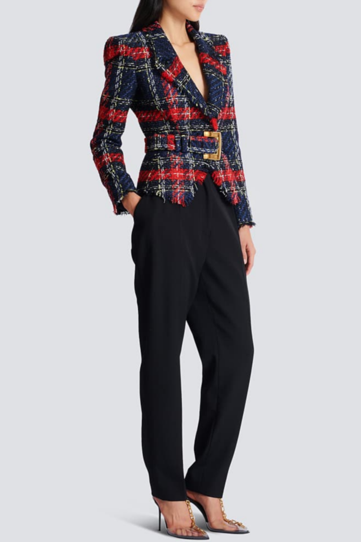 Marcea - Belted Plaid Tweed Jacket