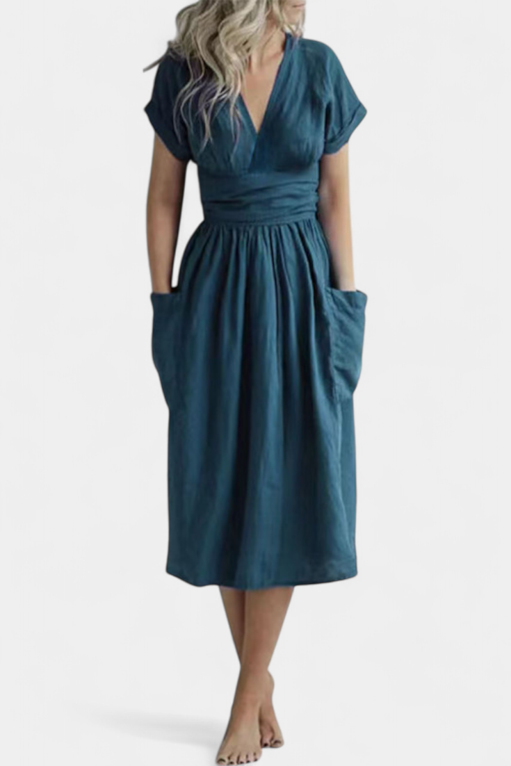 Cressida Cotton Dress with V-Neck and Adjustable Waist