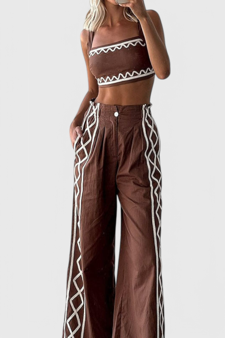 Mirella Crop Top and Wide Leg Pants Set with Zig-Zag Pattern