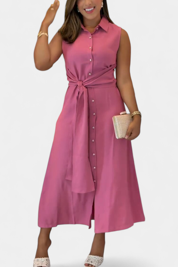 Behnaz Elegant Sleeveless Dress with Belt and Shirt Collar