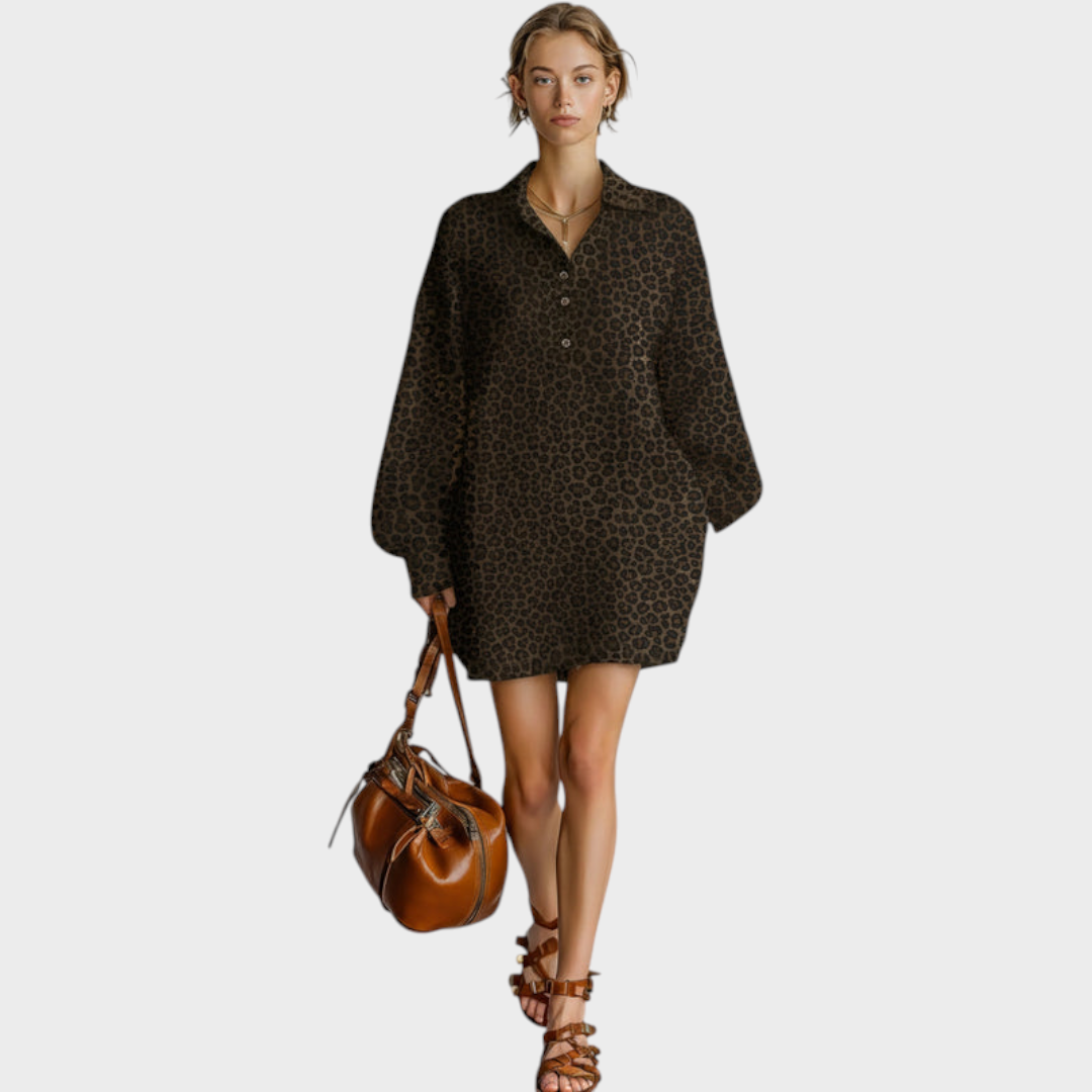 Meredith | Women's Fashionable Brown Leopard Print Loose Open Neckline Long Sleeve Dress