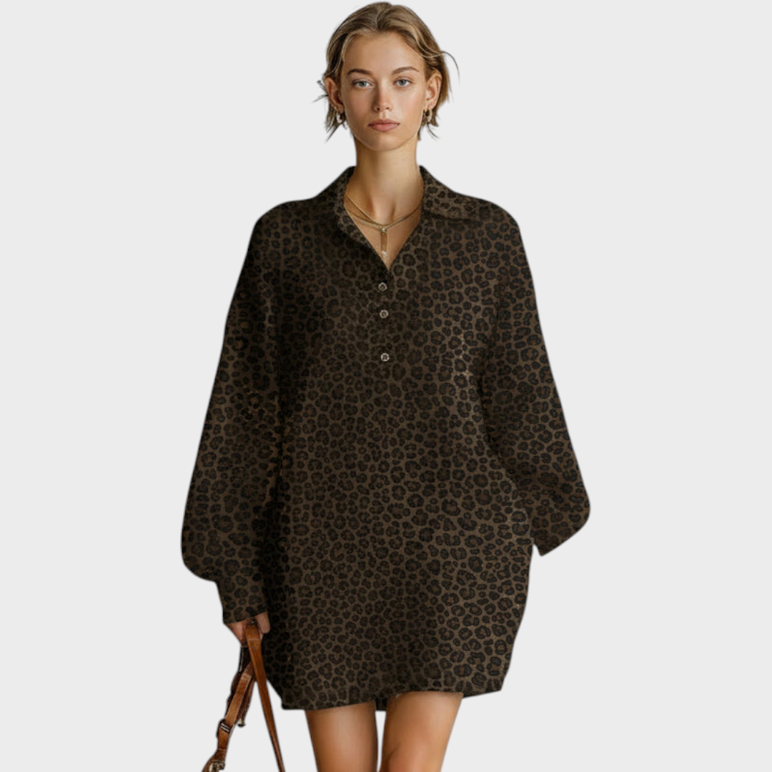 Meredith | Women's Fashionable Brown Leopard Print Loose Open Neckline Long Sleeve Dress