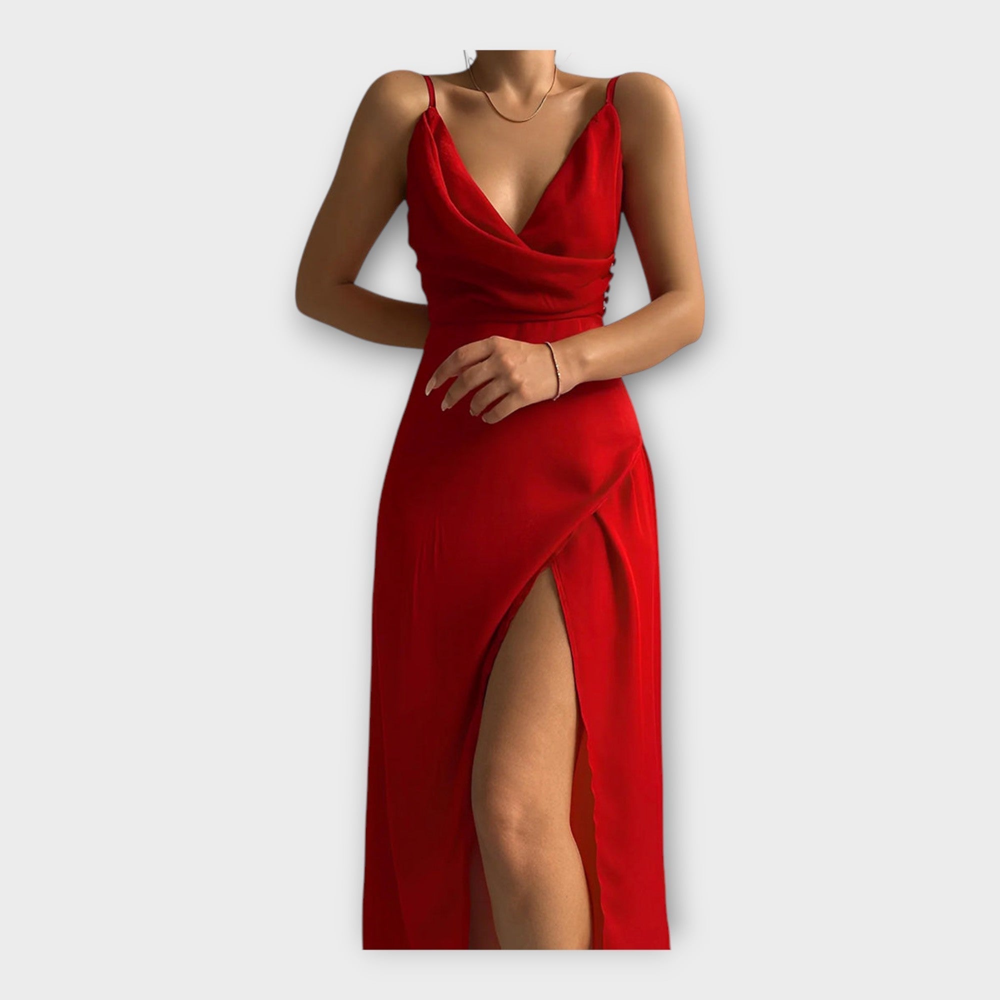 Long Satin Dress with Slit and Thin Straps