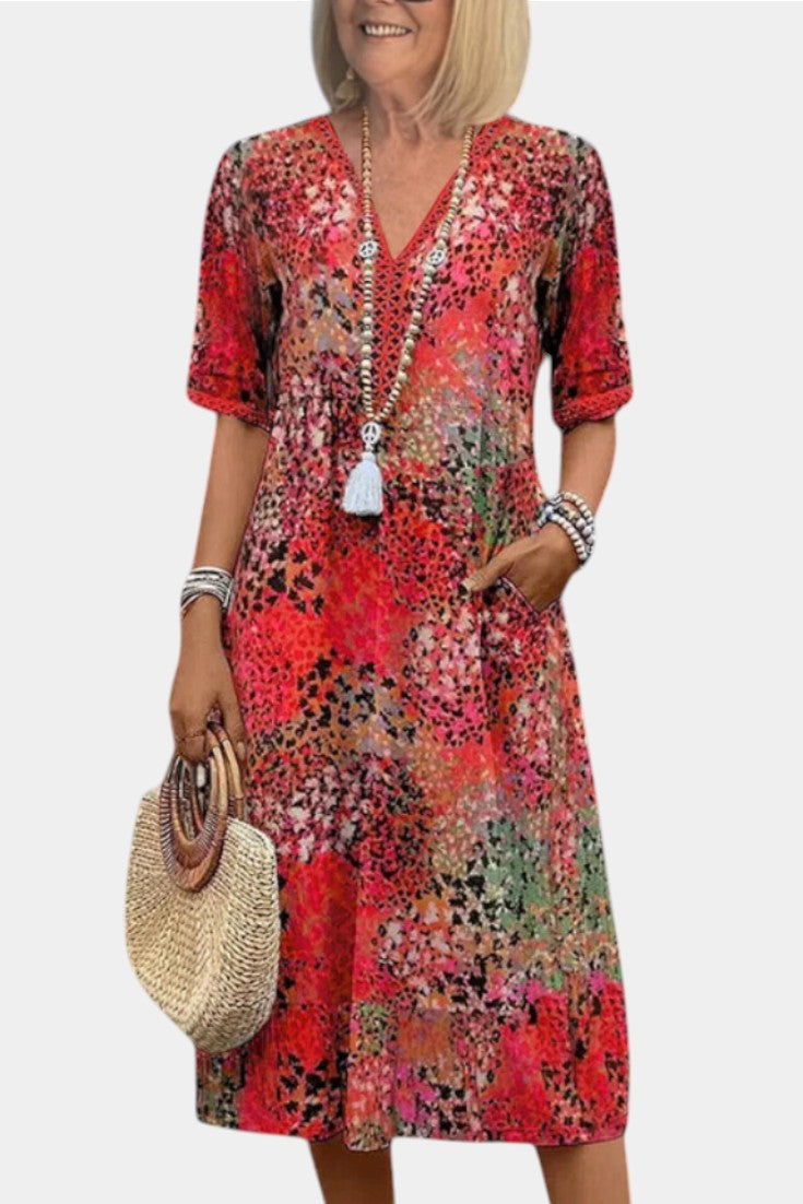 Perla Boho Dress with Floral Pattern and Knitted Details