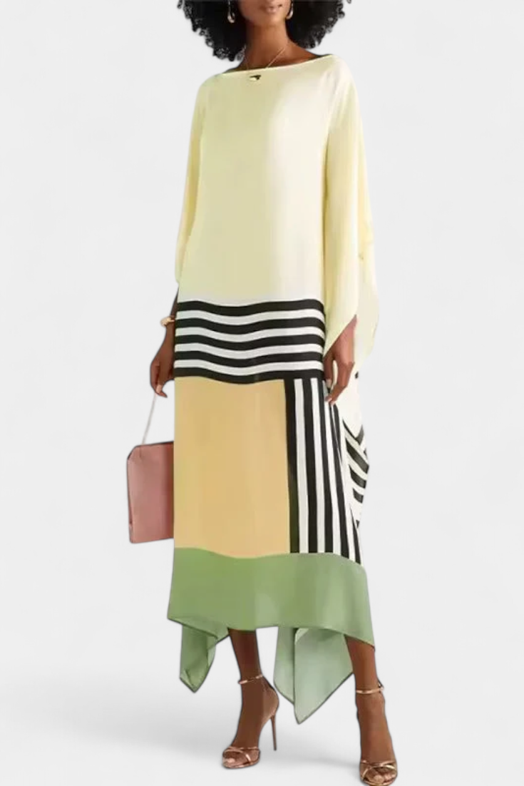 Elenora Kaftan with Geometric Pattern, Wide Line and Butterfly Mesh Fabric