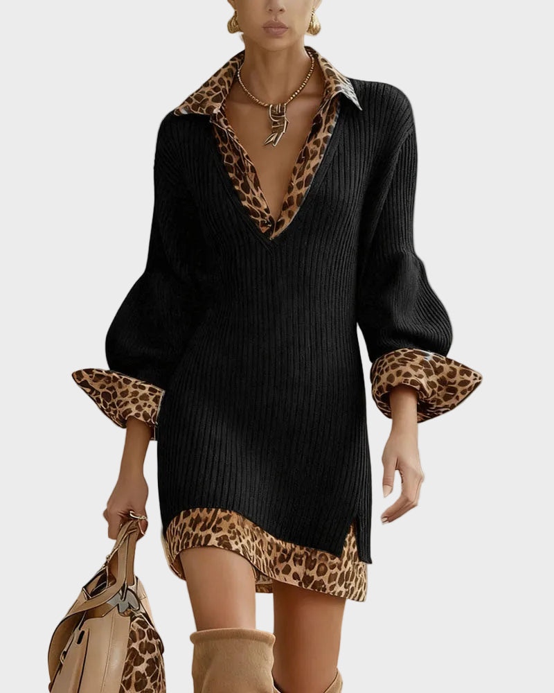 Sotiria | Mini Knit Dress with Leopard Trim