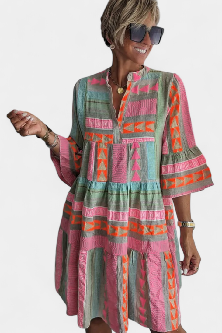Gina Boho Embroidered Dress with V Neckline