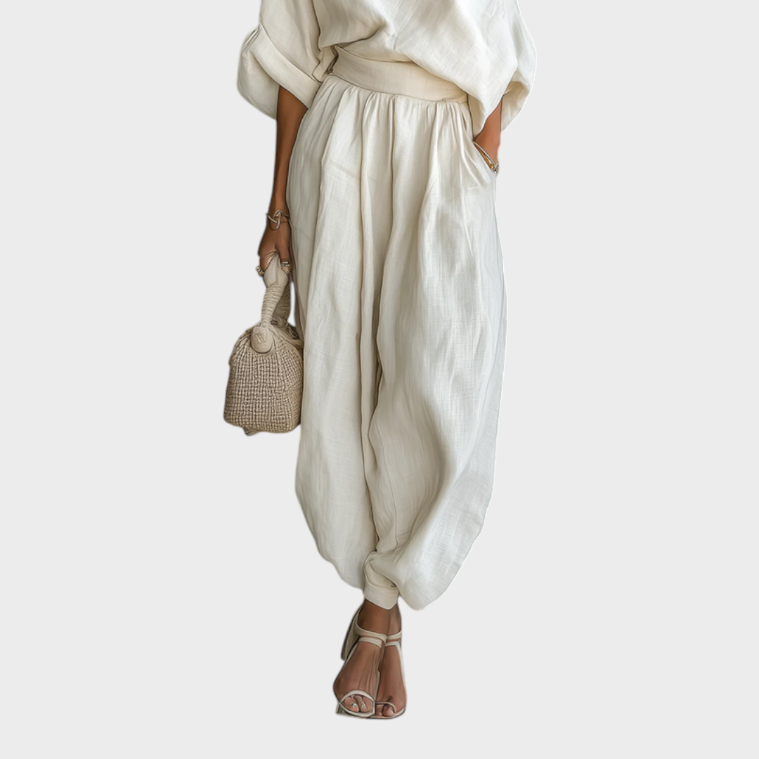 Samiyah | Off-white Linen Off-shoulder Loose Casual Top And Tapered Pants Set