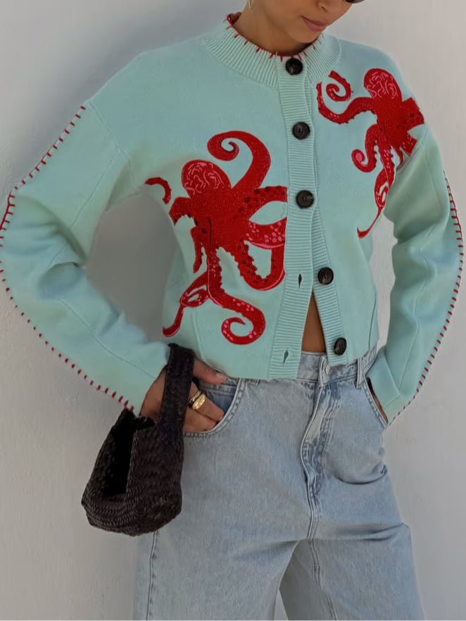 Phoebe - Knitted cardigan with fun octopus pattern
