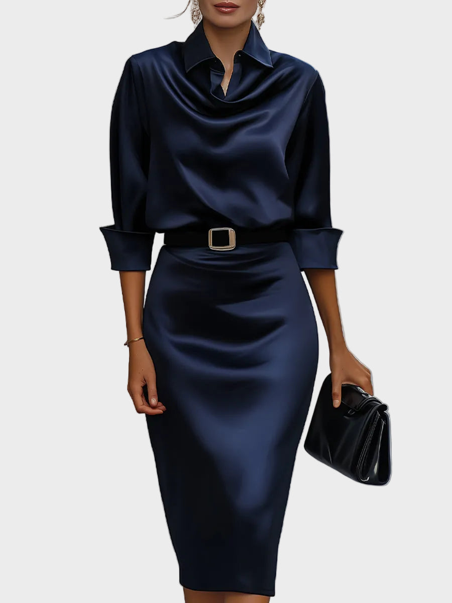 Delilah | Elegant Satin Draped-Collar Midi Dress With Black Belt