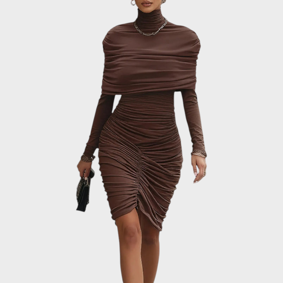 Kisses | Elegant Brown Dress with Sleeves and Long Sleeves