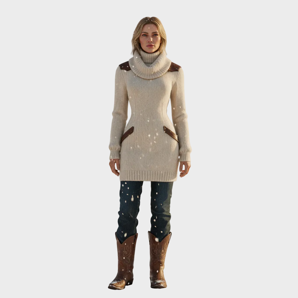 Saline | Women's Vintage Cream Knit Dress with Turtleneck and Leather Details