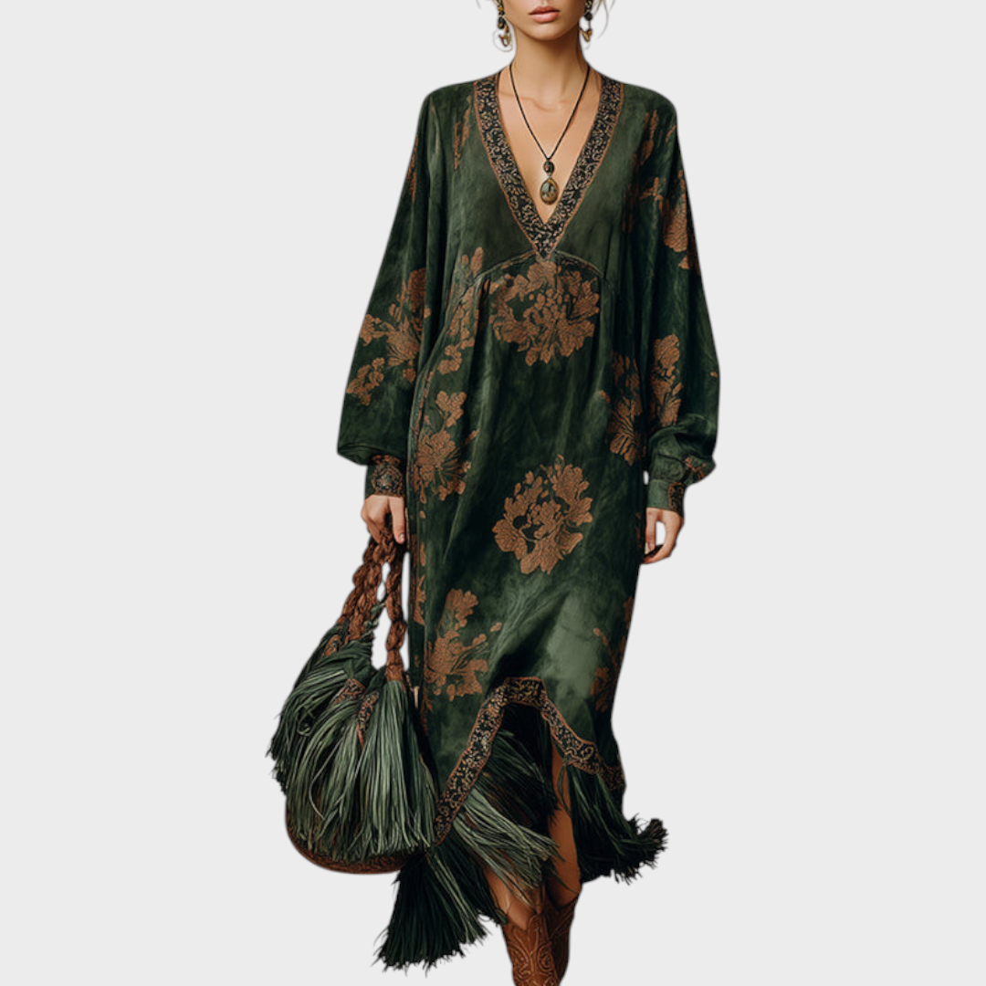 Makayla | Retro Silhouette Printed Green Faux Suede Maxi Dress