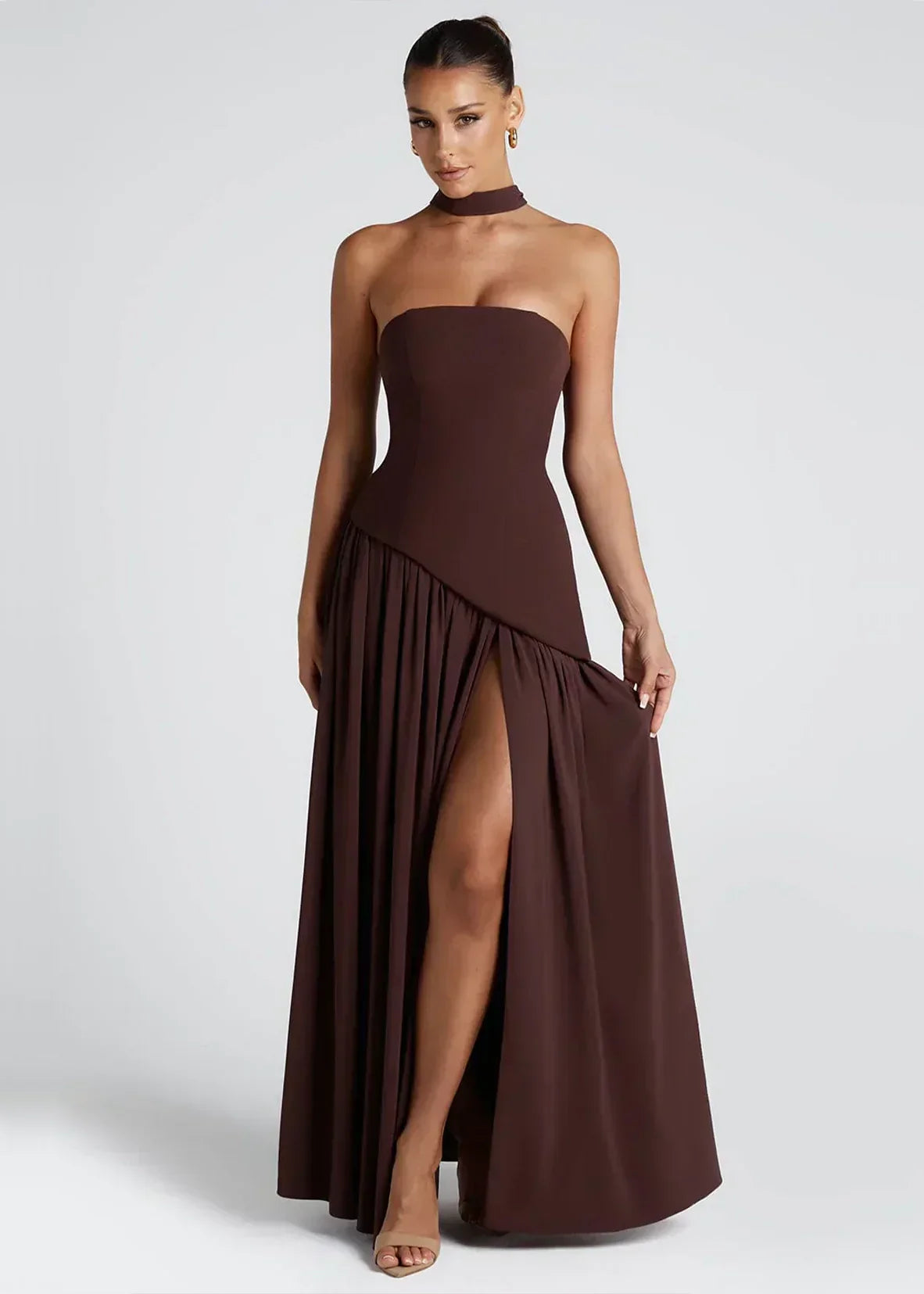 Elena – Maxi Dress with Off Shoulders, Slit & Choker Detail