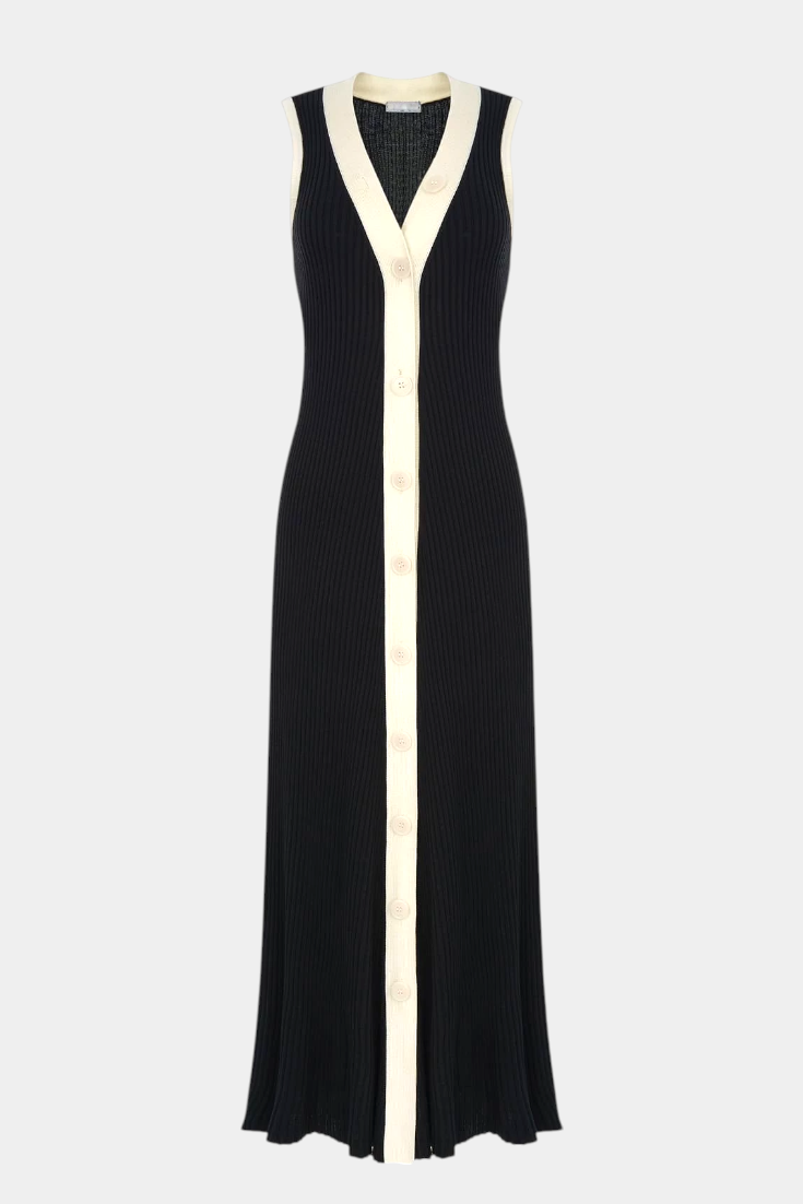 Brielle Sleeveless Knitted Dress with V-Neck and Contrast Buttons