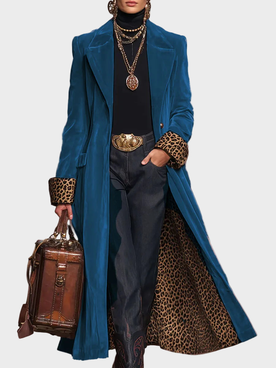 Sonia |Velvet Single-Breasted Coat with Lapel and Leopard Print
