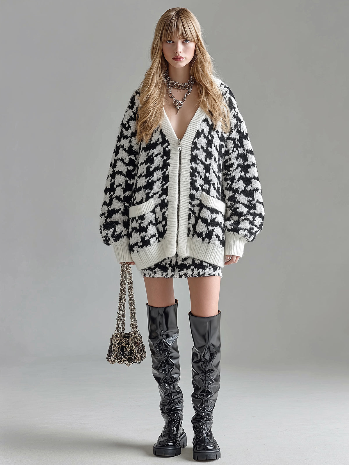 Ora | Casual elegant cardigan with V neckline, single breasted, oversized, long sleeve, knitted, with houndstooth pattern