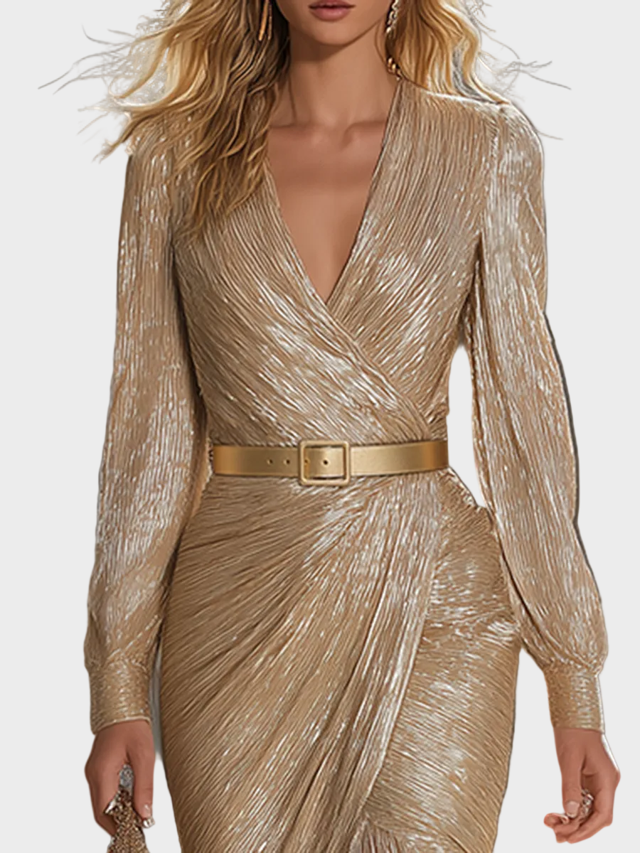 Jollie | Chic and Elegant Maxi Dress in Champagne Shade with V-Neck, Tassels, and Shine