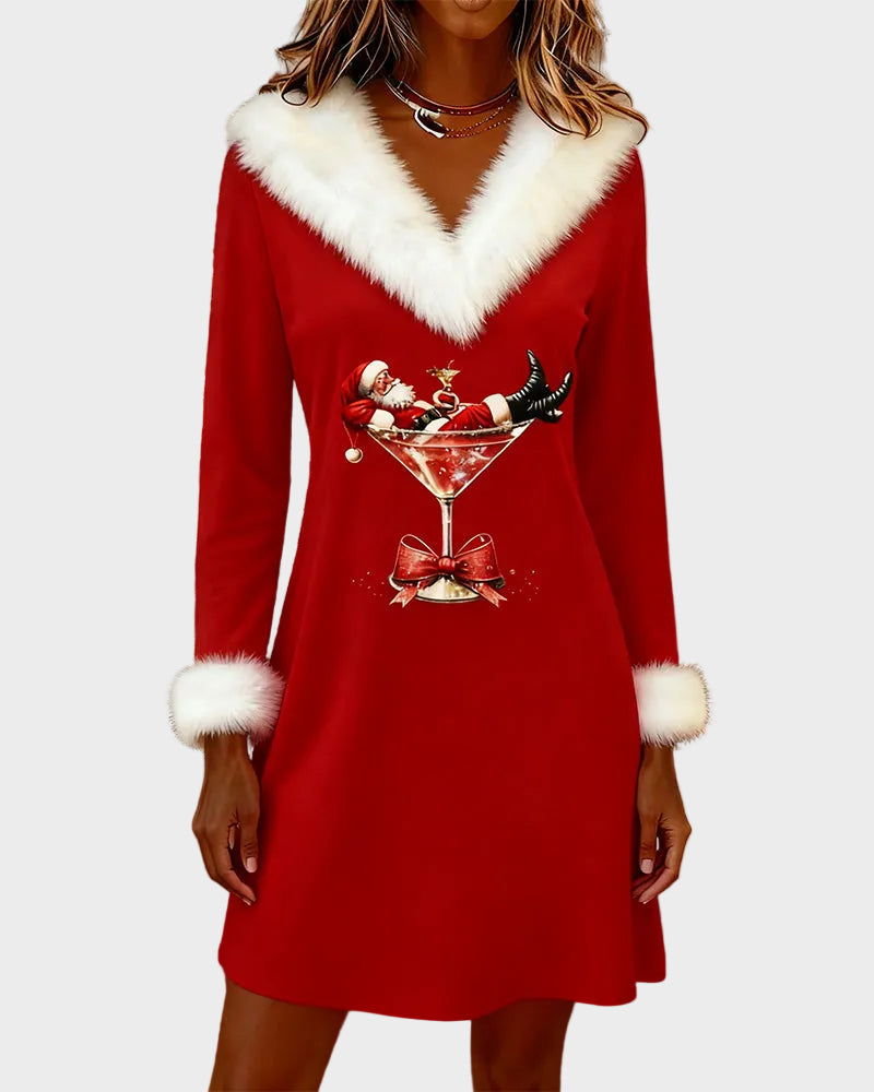 Tara | Dress with Christmas Pattern and Fur Collar