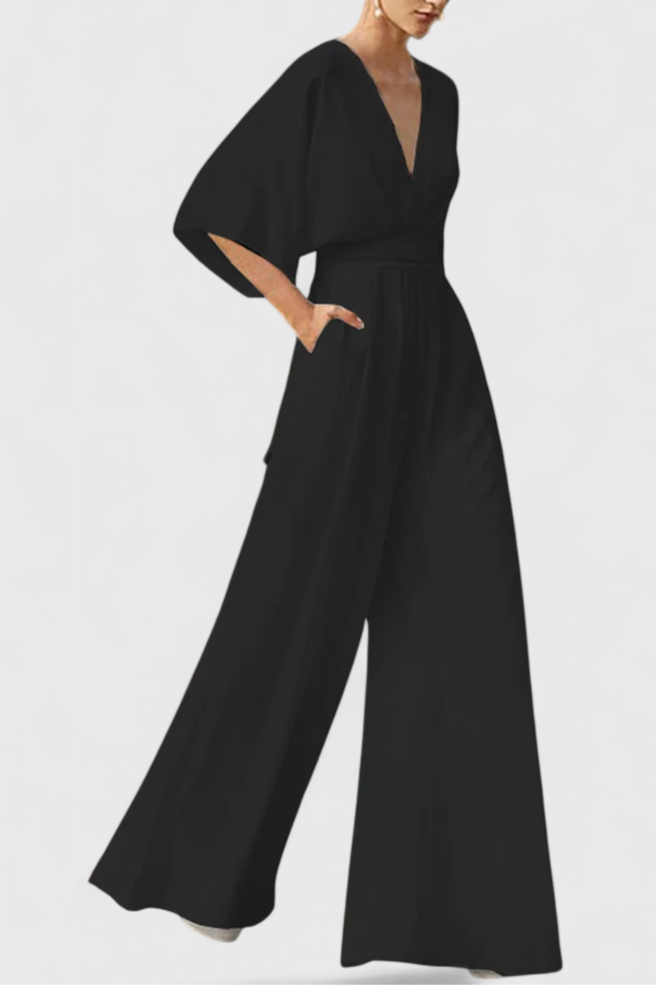 Isaura Long Elegant Jumpsuit with Wide Legs and V-Neckline