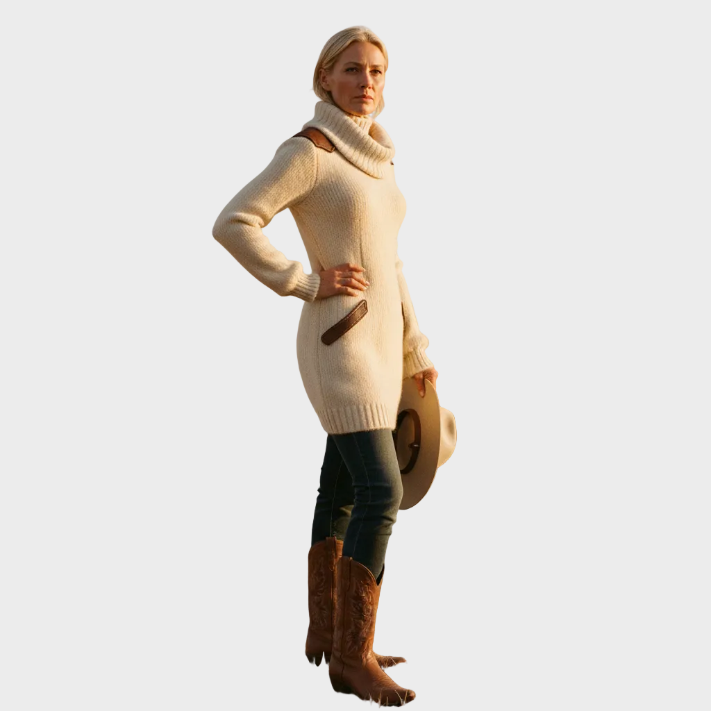 Saline | Women's Vintage Cream Knit Dress with Turtleneck and Leather Details