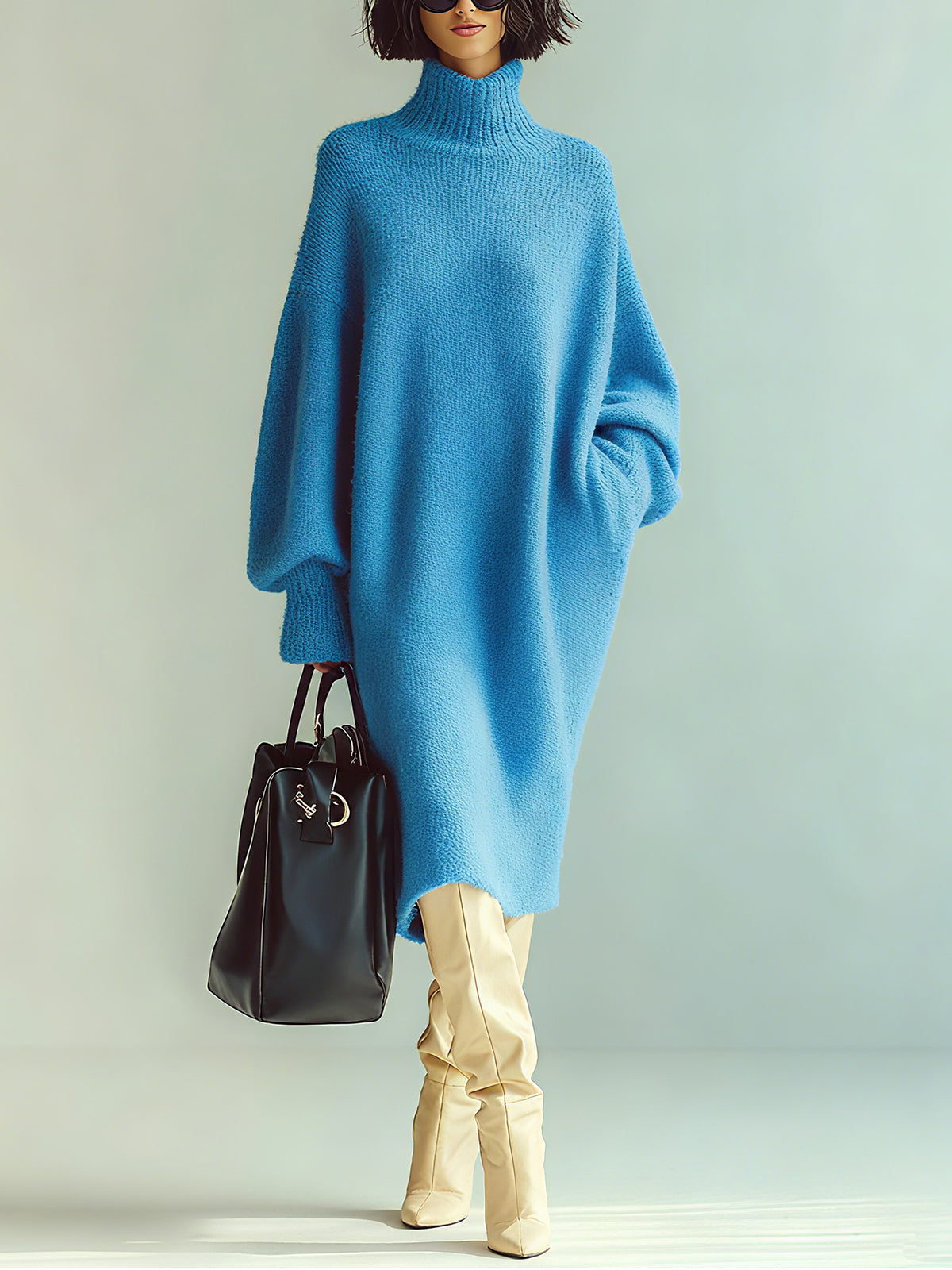 Ohneia | Midi šaty, červenomodrá halenka s dlouhým rukávem, nadměrná velikost