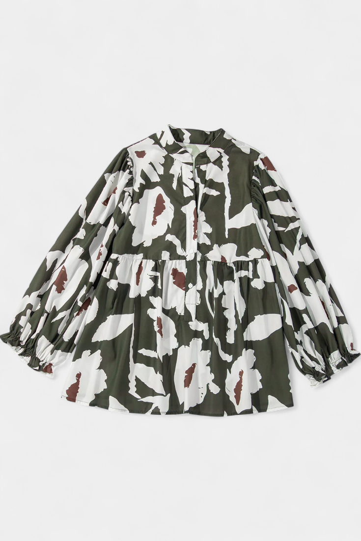 Filomena Blouse with Half Buttons, Puff Sleeves and Abstract Floral Pattern